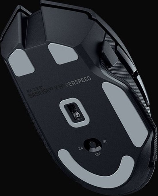 Onderkant van zwarte Razer Basilisk V3 X Hyperspeed muis met grijze glijders en aan/uit-schakelaar.