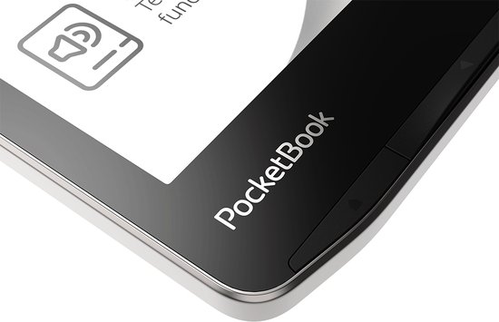 Close-up van de PocketBook InkPad 4 e-reader, met focus op de luidspreker-icoon en het logo.