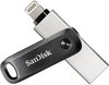 Zwarte SanDisk iXpand Flash Drive met zilverkleurige connector, zilverkleurige USB-stekker en zilverkleurige Lightning-connector.