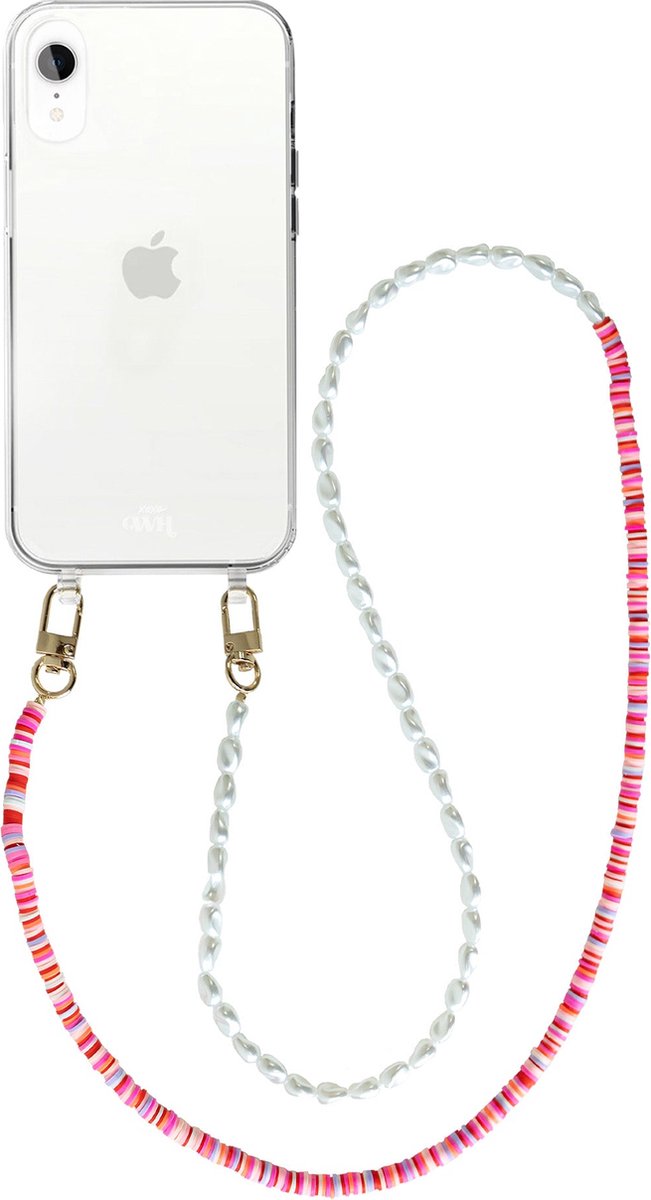 xoxo Wildhearts silicone case met koord - Transparant telefoonhoesje met koord - telefoonketting - Island Girl - long - Cord Case - geschikt voor Apple iPhone XR - Lange parelketting / kralenketting - Parels - Wit / Roze
