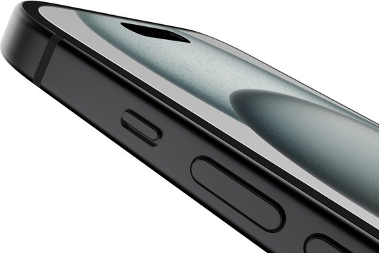 Close-up van iPhone met screenprotector, tonende rand en knoppen.