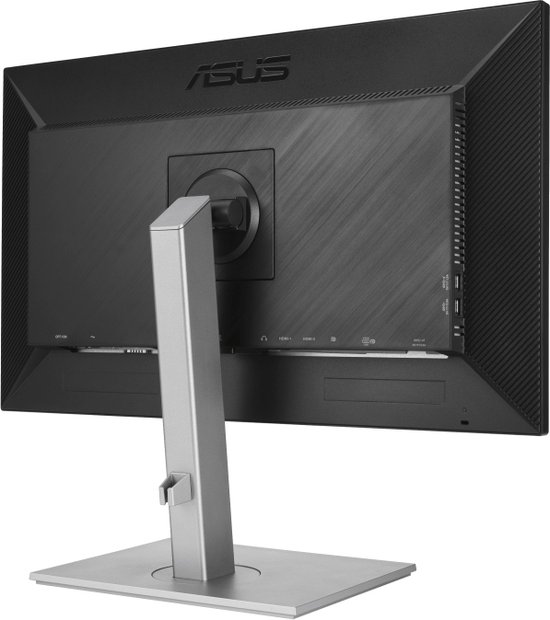 Achterkant van een ASUS ProArt monitor met diverse aansluitingen en zilverkleurige standaard.