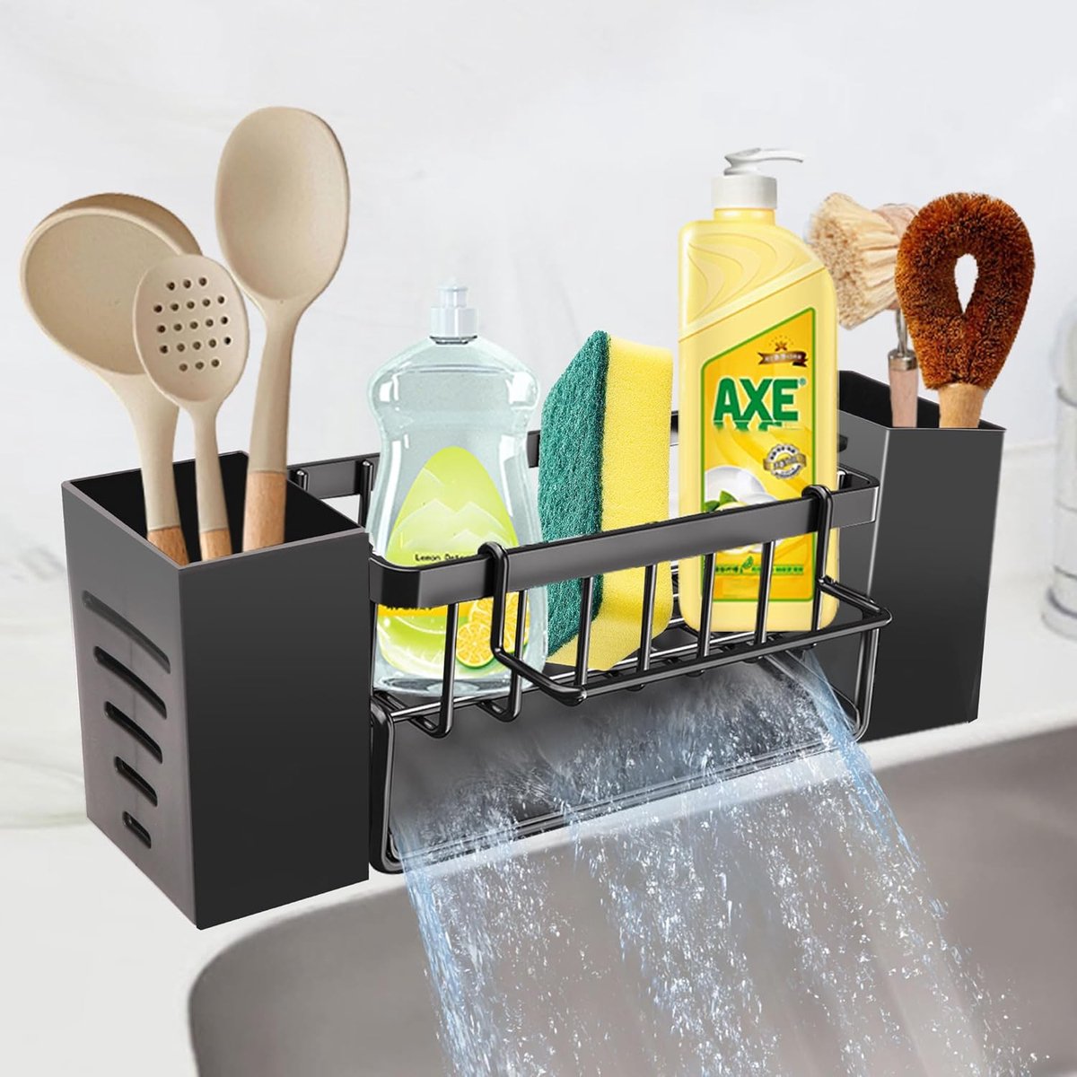 Gootsteenorganizer Keukensponshouder Afneembare vaatdoekhouder met 45° afvoerpanorganizer Keukendoekhouder Theedoekhanger en borstelrek (zwart)