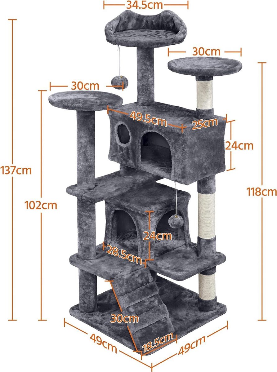 Yaheetech Krabpaal, kattenkrabpaal, 159 cm, stabiele kattenboom met kattenholletjes en platforms, speelhuis voor katten, donkergrijs