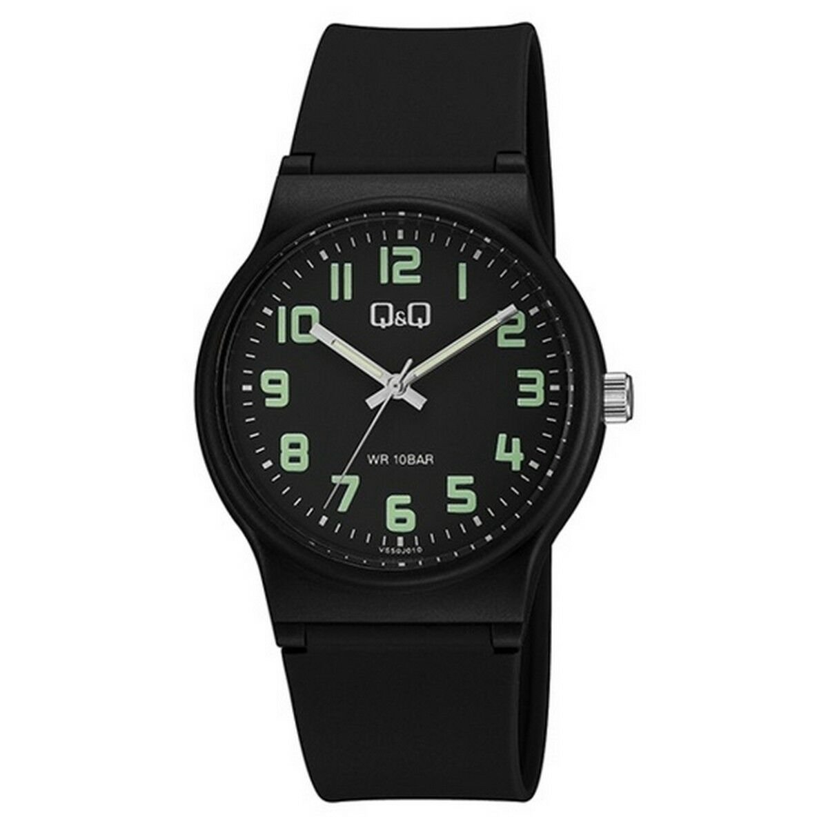 QQ VS50J010Y - Horloge - Sport - Analoog - Unisex - Plastic band - Rond - Cijfers - Kunststof - Zwart - Groen - 10 ATM