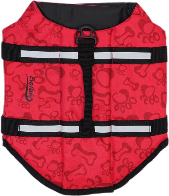 Een rood honden zwemvest met een patroon van botten en pootafdrukken, zwarte banden en reflecterende strepen.