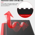 Een close-up van de dikke, rubberen, antislipmat op een rode trap, met een illustratie van de anti-slip laag.