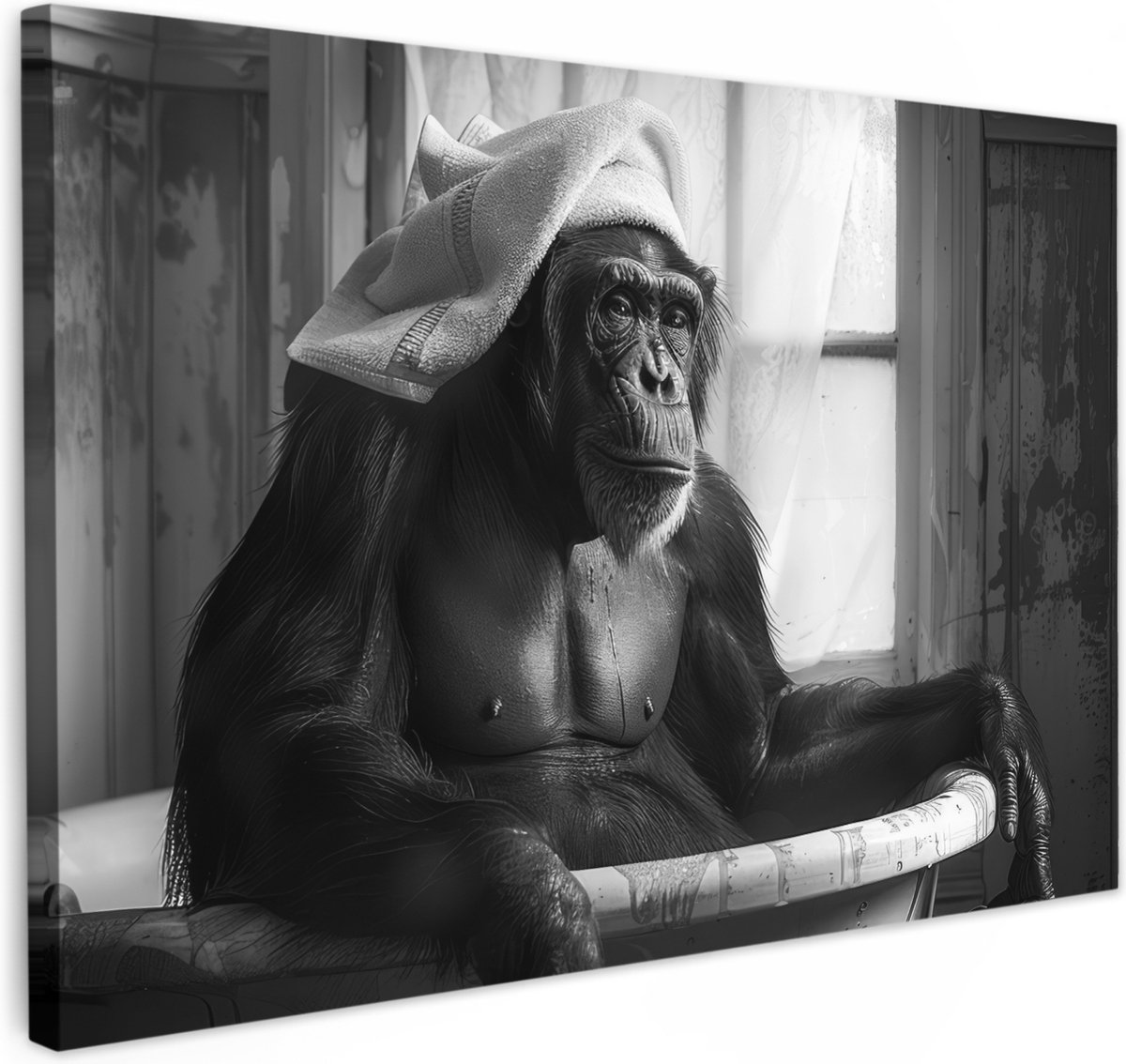 Canvas schilderij 30x20 cm - Wanddecoratie badkamer Aap - Dier - Bad - Zwart - Wit - Humor