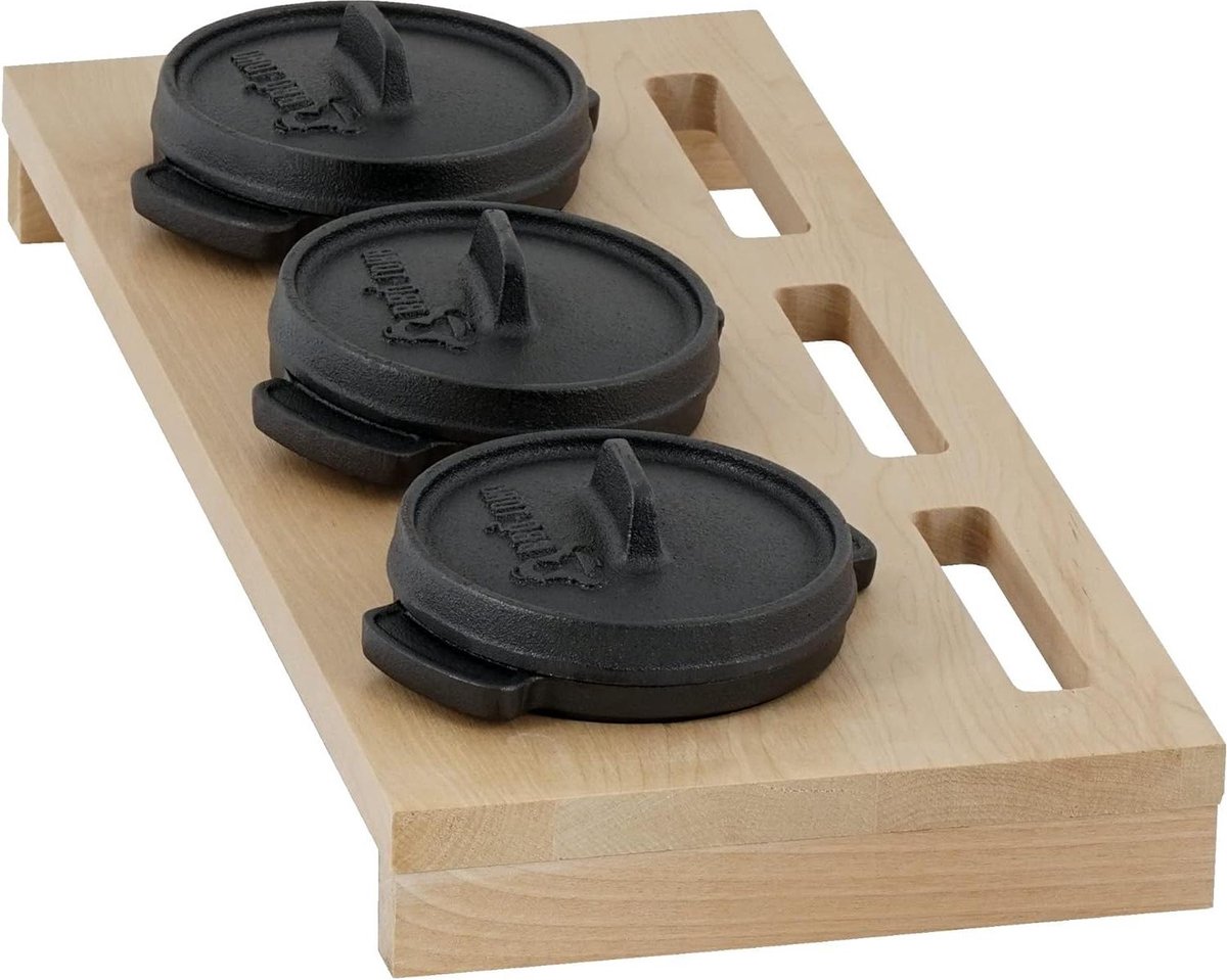 Mini Dutch Oven Set met houten onderlegger - 3 x Ø 11 cm - serveerpotten - ingebrand - preseasoned - kookpan - braadpan - gietijzeren pan
