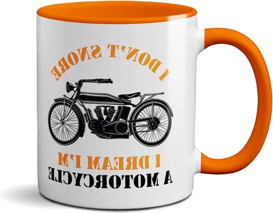 Mug Funny « I Don't Snore I Dream I'm A Motorcycle » – Cadeau Novelty pour papa, Noël, anniversaire – Petit ami, fête des pères, mari (poignée Orange )