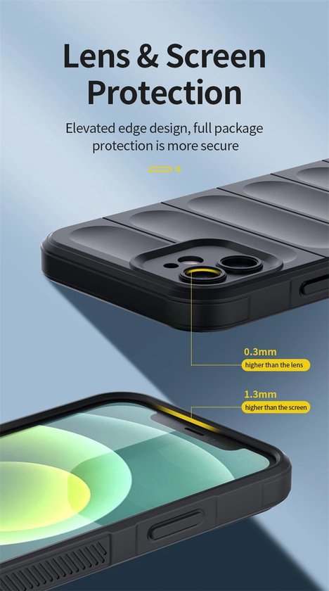 Zwarte telefoonhoes met verhoogde randen voor lens- en schermbescherming.
