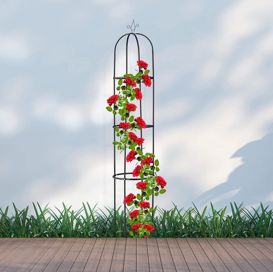 Relaxdays Plantensteun Obelisk – 190 Cm Hoog, Met 3 Ringen – Vrijstaand Metaal, Zwart – Voor Rozen, Klimop, Tomaten En Meer