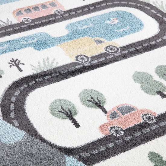 Tapis enfant Koho Streets & Playing with Car Crème Tapis - 80x150cm - Chambre d'enfant - Chambre de bébé - Bébé - Kids - Garçons et Filles - Enfants