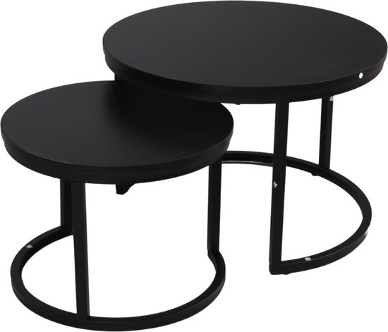 SensaHome Salontafel Set Rond - Antieke Ronde Houten Tafelset - Grote Tafel 58x40cm, Kleine Tafel 43x33cm - Zwart