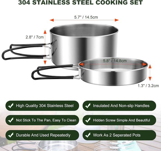 Odoland Campingkookgerei, 9-delige outdoor serviesset met campingpan, 2,9 l, 0,9 l, voor camping, outdoor, koken, wandelen, reizen