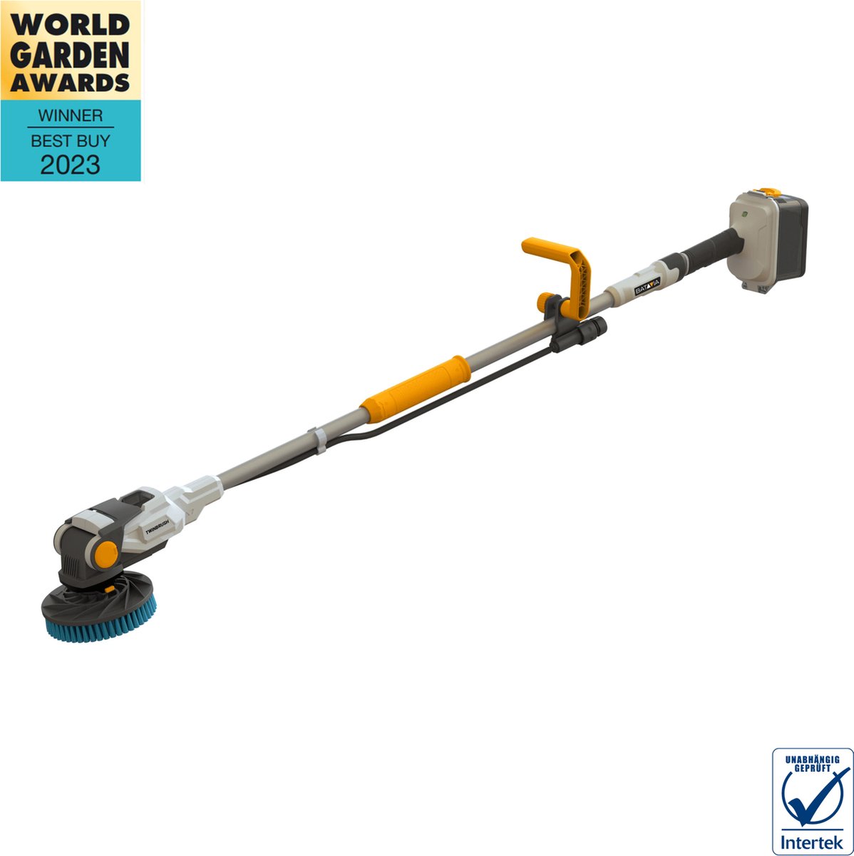 Goedkoopste Batavia Accu 18V Twin Brush brushless reinigingsborstel - Incl. 4.0 Ah Snellader - 100 waterproof incl. tuinslangaansluiting - Flexibele kop -15° en 90° - Gepatenteerde 2-in-1 borstels die in tegengestelde richting draaien - Maxxpack