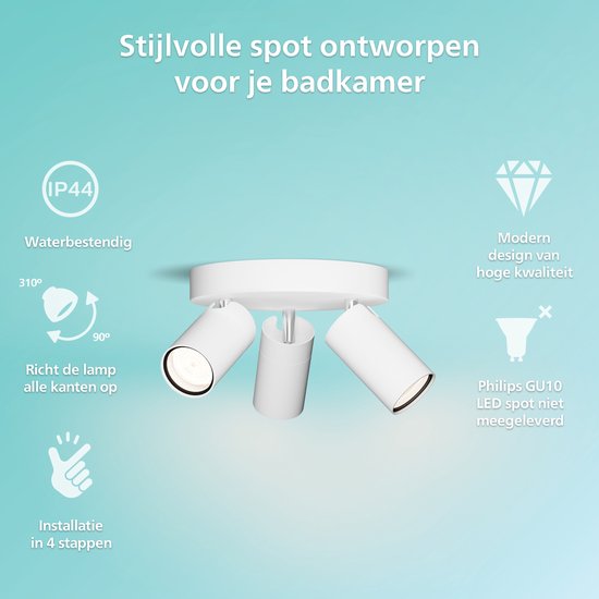 Philips Idris Spot - Plafondspot - Spatwaterdicht IP44 - Zwart - 5W - Badkamerlamp - Drie lichtpunten - Ronde basisplaat - Alleen geschikt voor LED spots