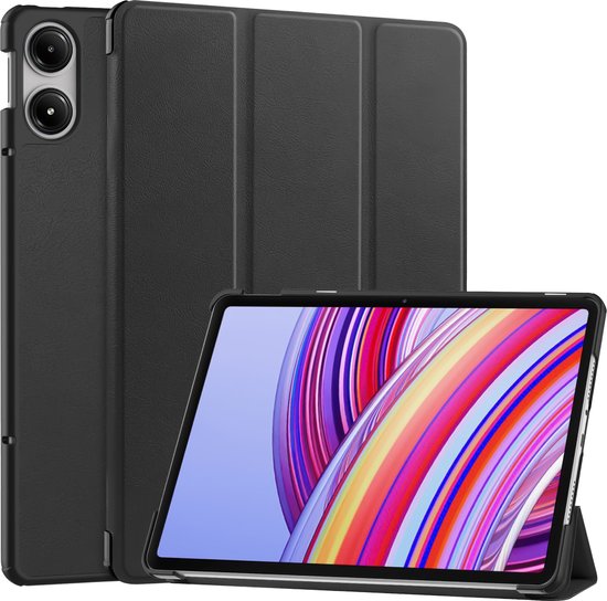 Étui noir tri-pli pour tablette Xiaomi Redmi Pad Pro avec panneau avant pliable et écran coloré.