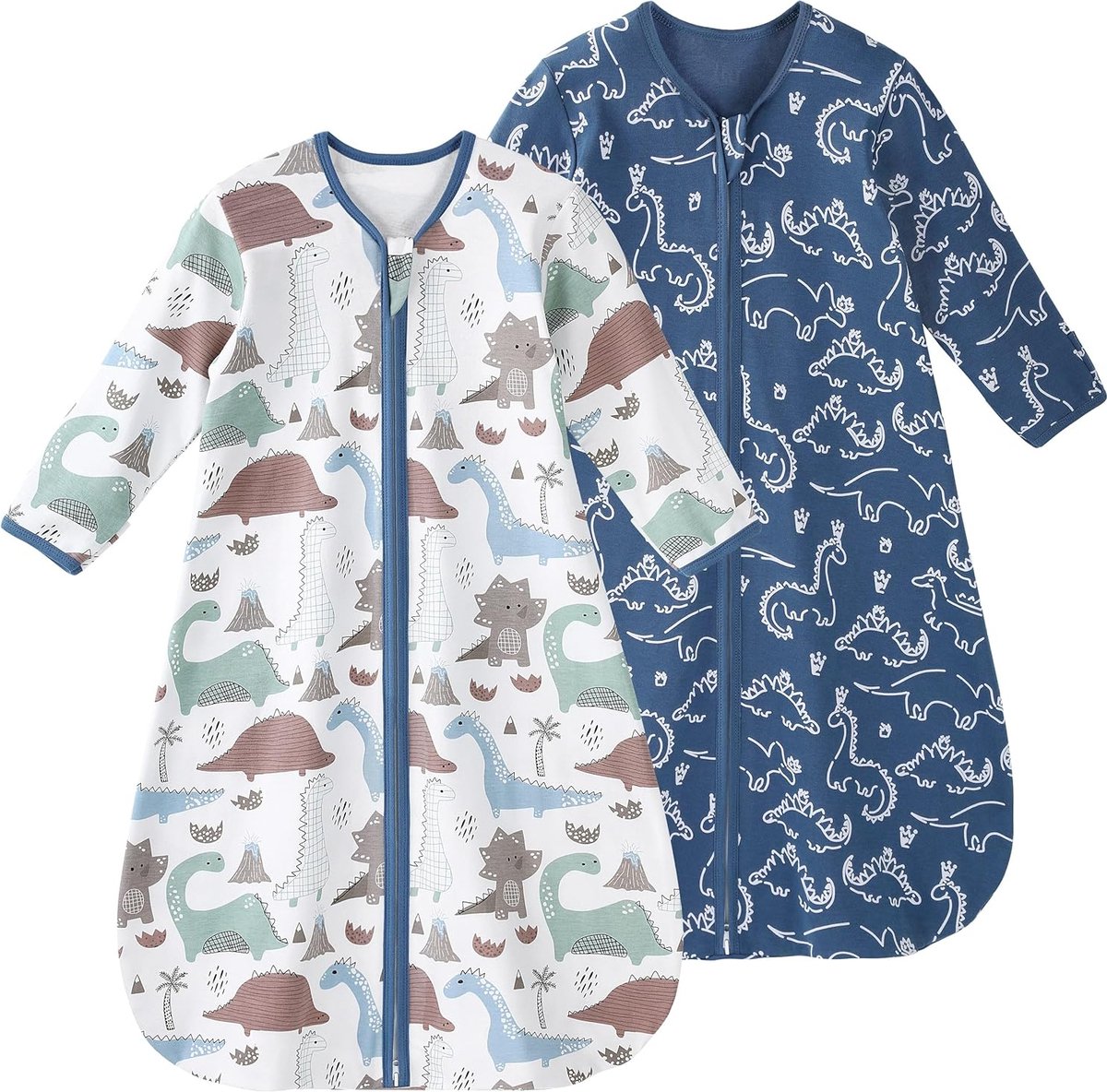 Chilsuessy Set van 2 babyzomerslaapzak met voeten, 0,5 TOG, kleine kinderslaapzak met pijpen, 100% katoen, slaapromper voor jongens en meisjes, groen bosdieren, 70 cm, babylengte 80-90 cm
