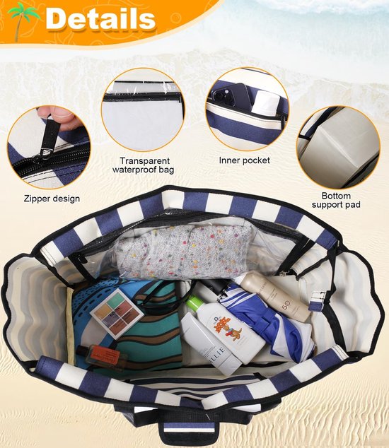 Strandtas XXL voor dames, grote strandtas met ritssluiting, strandtas