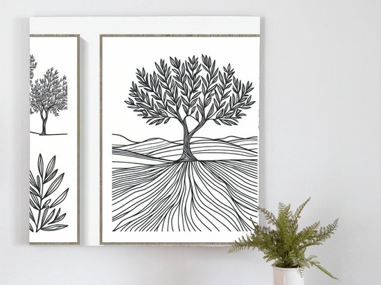 Line art olijfboom schilderij | Olijfboomtaferelen: Een abstracte vertelling van lijnen en kleuren | Kunst - 100x100 centimeter op Canvas | Foto op Canvas