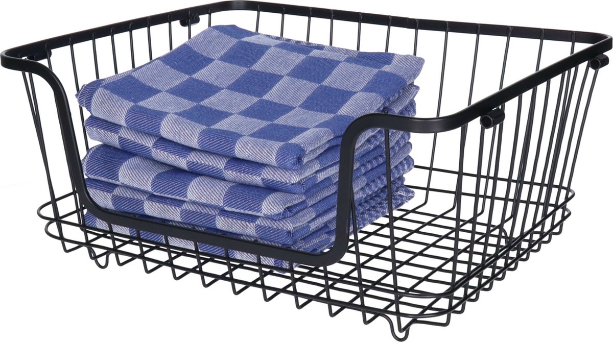 5Five Draadmand/opbergmand met handvat - 2x - stapelbaar - zwart - 26 x 16 x 33 cm