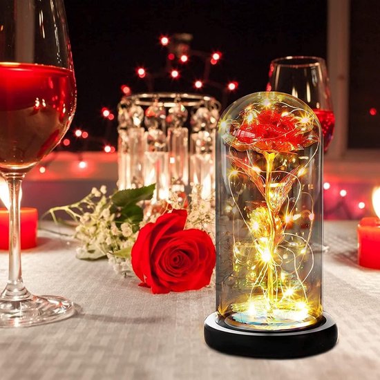 Eeuwige roos set - Rode zijden roos in glas - Met grenenhouten basis - Romantisch cadeau voor verjaardag, Valentijnsdag, trouwdag