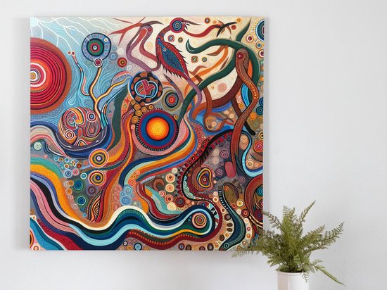 Acryl aboriginal schilderij | Kleurrijk Aboriginal kunstwerk gecreëerd met acrylverf en passie | Kunst - 100x100 centimeter op Canvas | Foto op Canvas