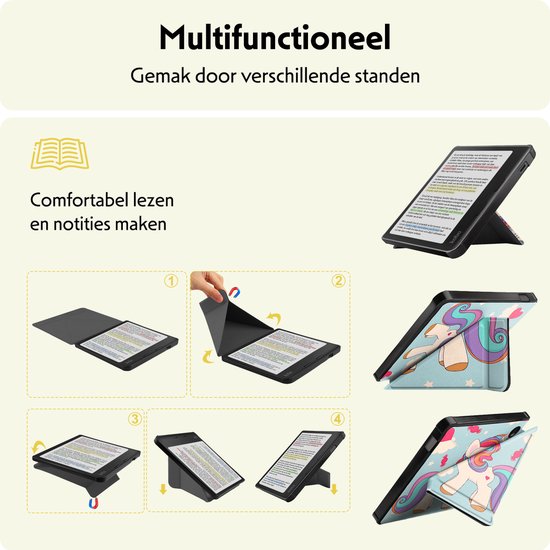 Hoesje Geschikt voor Kobo Libra Colour Hoes Bescherm Hoesje Case Sleep Cover Trifold - Hoes Geschikt voor Kobo Libra Colour Hoesje - Eenhoorn van Hoesje  — afbeelding 3