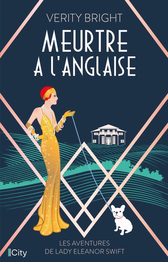 Boekomslag: "Meurtre à l'anglaise" door Verity Bright. Een vrouw in een gele jurk met een hondje.