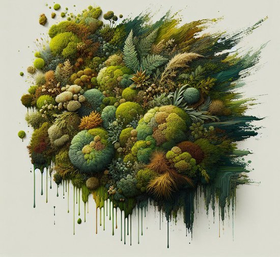 Olieverf mos schilderij | Mossy Marvel: A Lush Landscape in Oils and Verdancy | Kunst - 60x60 centimeter op Canvas | Foto op Canvas