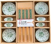 Sushi Servies Set - 4 persoons - Sauskommetjes, Eetstokjes & Opleggers - Japans Handbeschilderd Keramiek - Groen