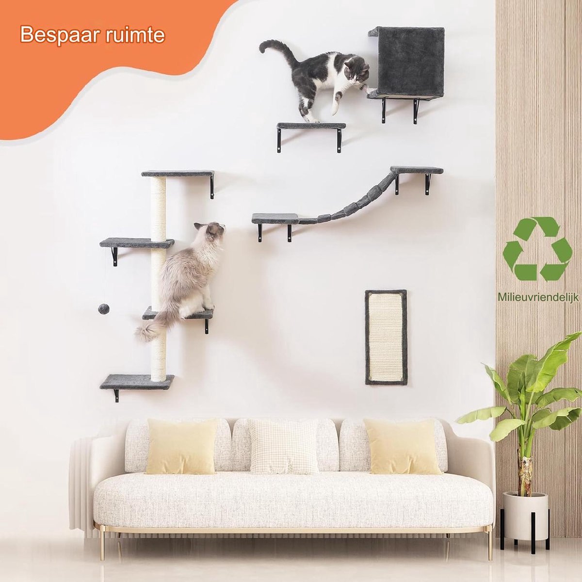 Behogan Wandgemonteerde Klimwand van Massief Eikenhout - Katten Klimladder Tot 15 kg Met Jute Touw - Kattenmeubel voor Binnen