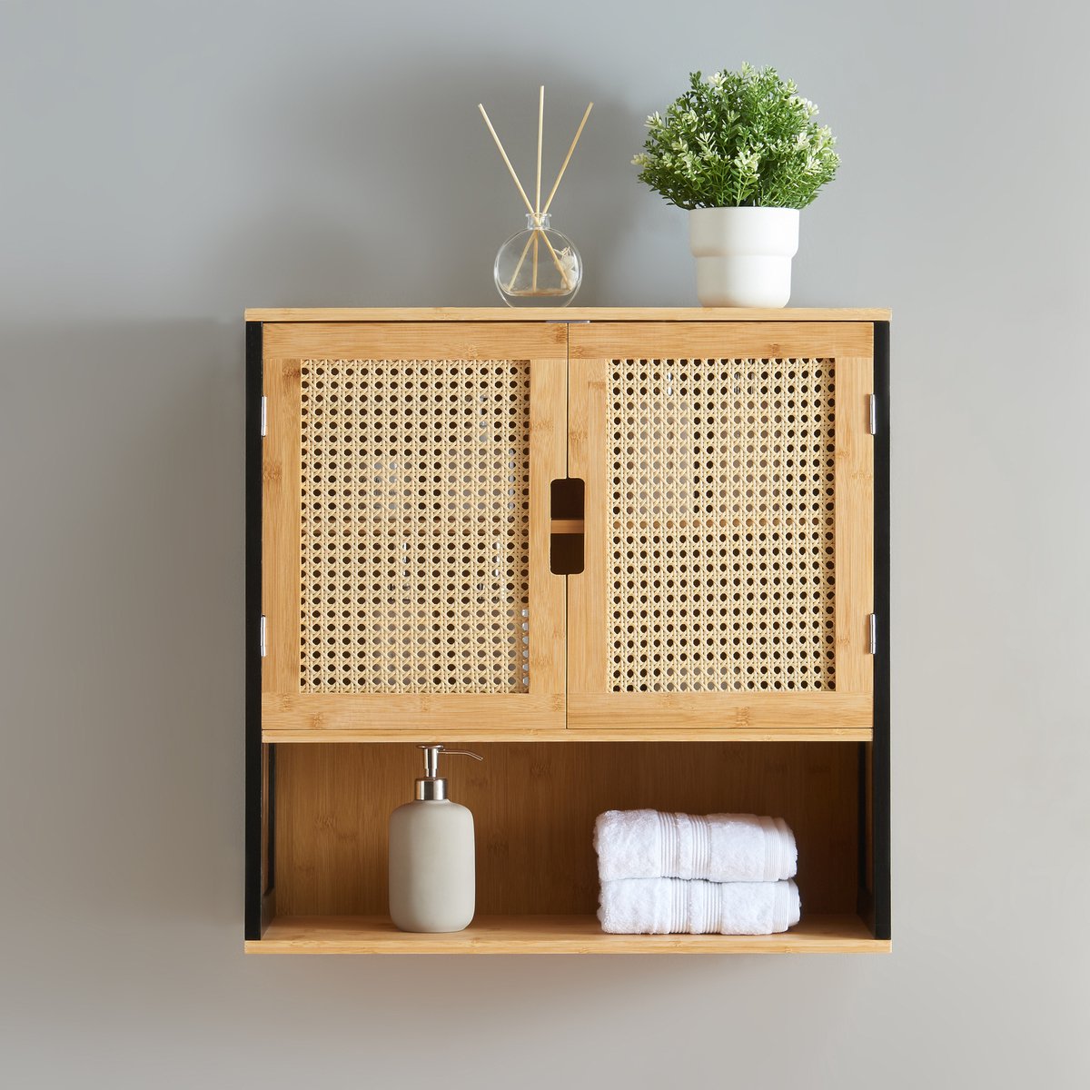 Badkamerkast Tervola zwevend 60x60x20 cm zwart naturel en rotan look [en.casa]