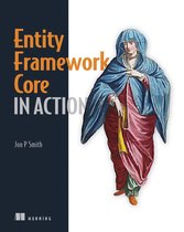 Boekomslag met de titel 'Entity Framework Core IN ACTION'. Rechts een illustratie van een vrouw in een blauwe mantel en rood-roze gewaad.