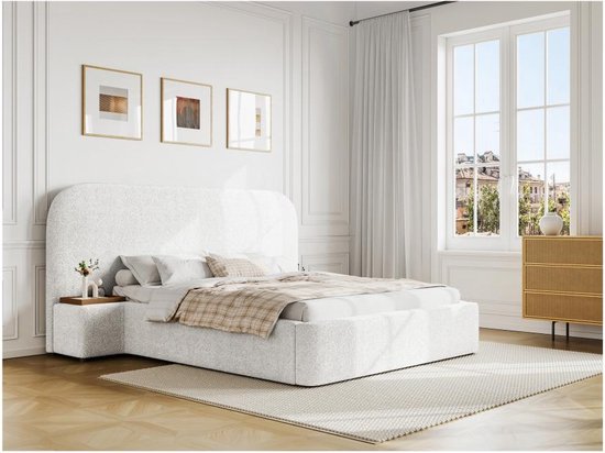 Maison Céphy Bed met opbergruimte, 140 x 200 cm met nachtkastjes - Boucléstof - Wit + matras - ESTERIA van Maison Céphy L 232 cm x H 120 cm x D 224 cm