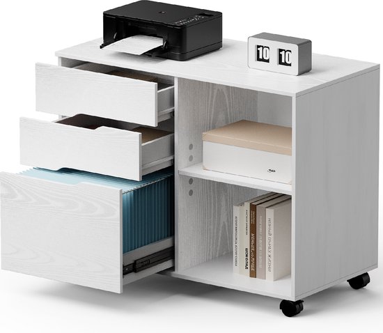 Dossierkast met 3 laden - Opslag archiefkasten - bureauladen - printerstandaard, laterale mobiele organizer onder het bureau - houten met wielen - verstelbare planken voor thuis - kamer, kleine ruimtes, rustiek,Wit