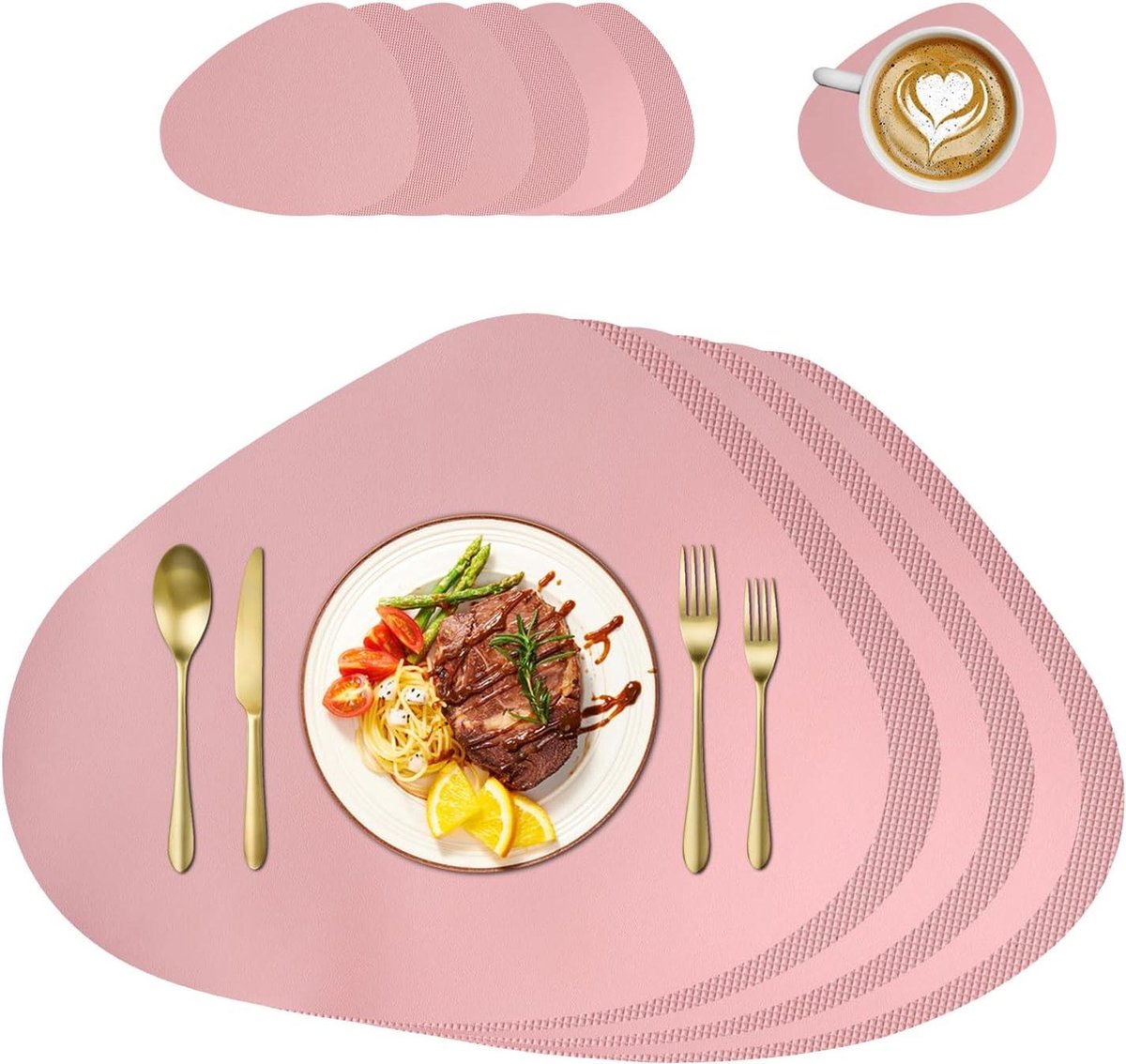 Placemats en onderzetters van leer - gripvaste hittebestendige - afwasbaar - tafelset - rond - placemat voor keuken eetkamer - set van 6 (roze) Round Woven Placemats