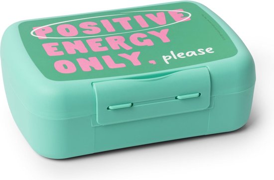Boîte à pain verte avec le texte 'POSITIVE ENERGY ONLY, please' en lettres roses.