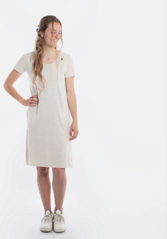 Knit Factory Lily Dress - Robe pour femme à col rond - Robe droite - Manches courtes - Robe pour le printemps et l'été - Beige - M