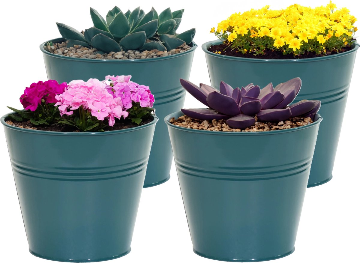 Goedkoopste Mega Collections plantenpot/bloempot Bob - 4x - zink - zeegroen - D13 X H12 cm