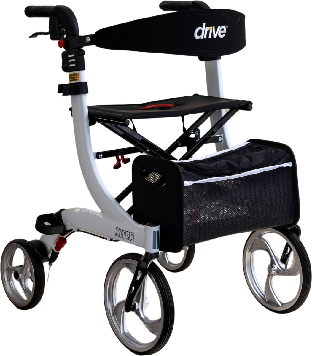Goedkoopste Rollator Nitro Medium - Wit - 1.60m tot 1.80m - Opvouwbaar - Lichtgewicht - Weggewerkte remkabels - Grote voorwielen - Eenvoudig in hoogte verstelbaar - Inclusief rugsteun en stokhouder