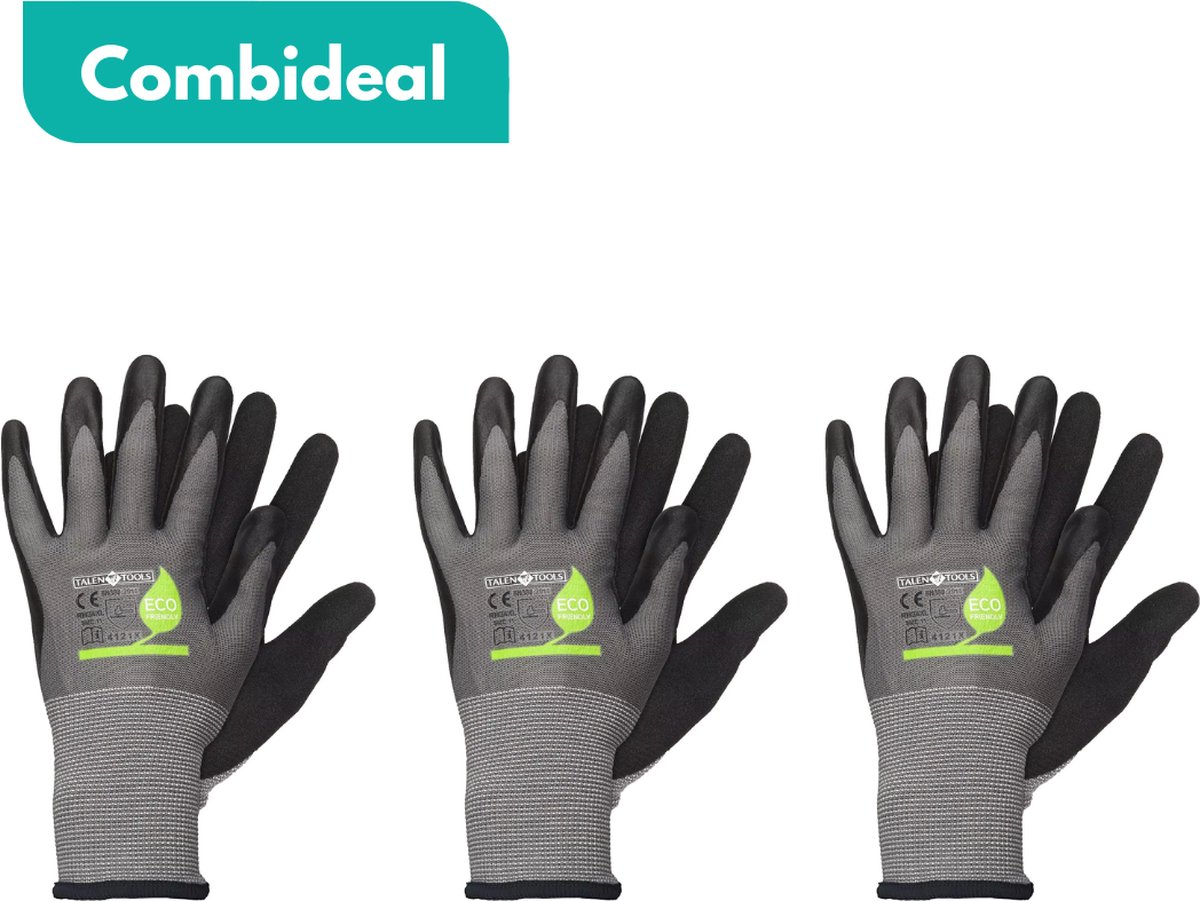 Tuilana ® – Werkhandschoenen – COMBIDEAL - 3 Paar handschoenen - ECO Friendly - Latexcoating - Maat XL