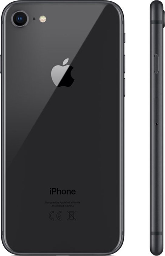 Donkergrijze iPhone 8 van achteren en de zijkant, met Apple logo en 'iPhone'.