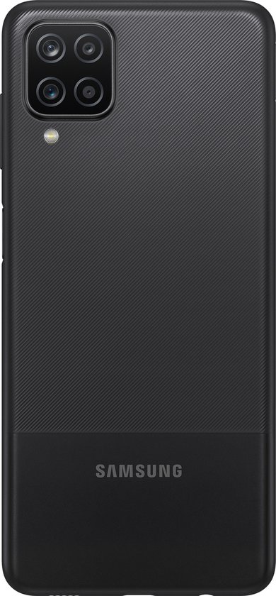 Zwarte Samsung Galaxy A12 met gestructureerde achterkant en vier camera's.