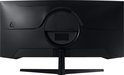 Achterkant van een gebogen zwarte Samsung monitor met een gestreept patroon.