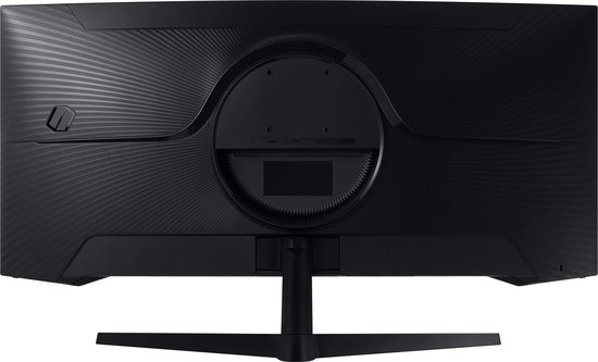 Achterkant van een gebogen zwarte Samsung monitor met een gestreept patroon.