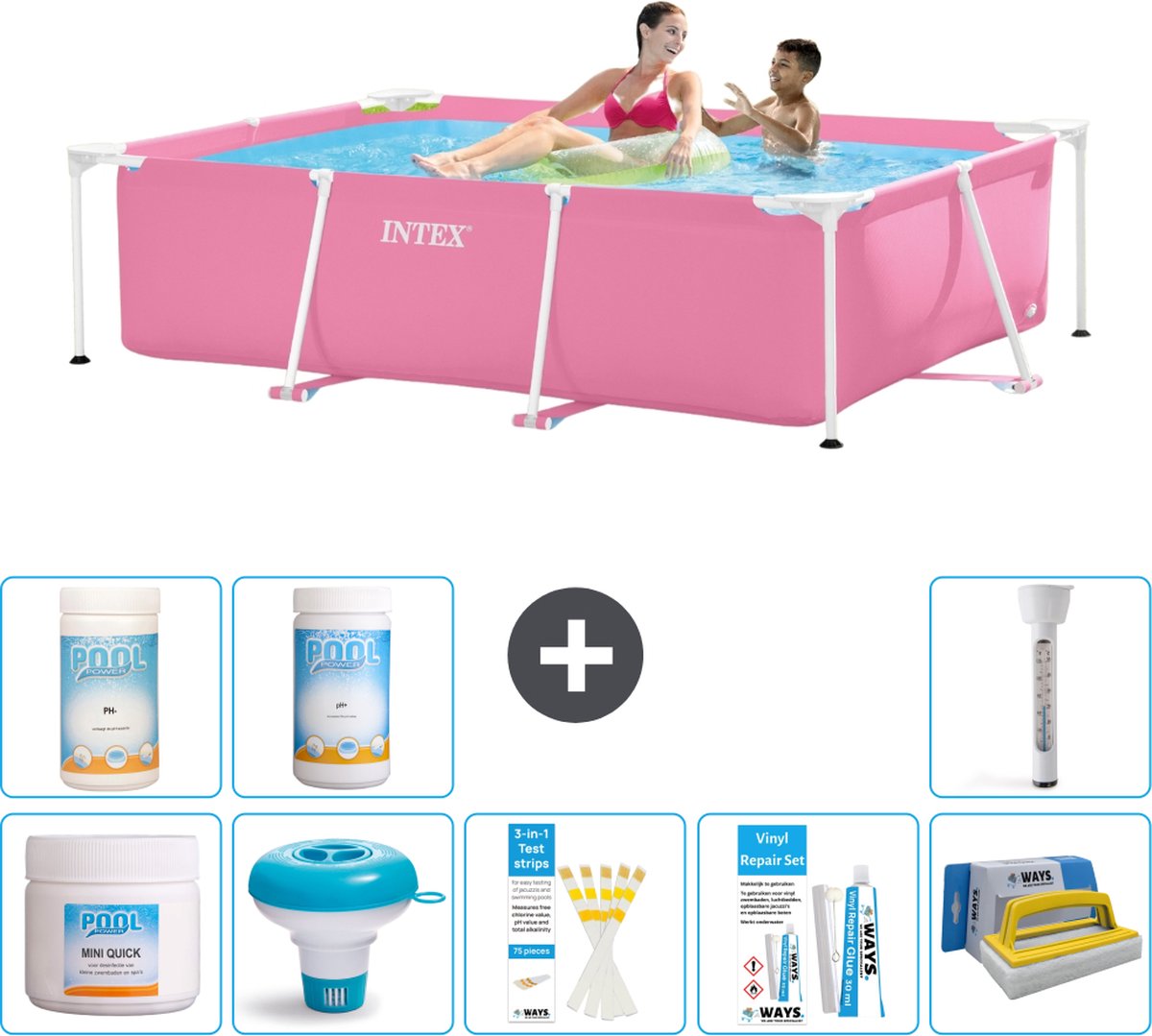 Intex Rechthoekig Frame Zwembad - 220 x 150 x 60 cm - Roze - Inclusief Chloor - Chloordrijver - Testrips - Reparatiesetje - Scrubborstel - PH-waarde - PH-waarde - Thermometer