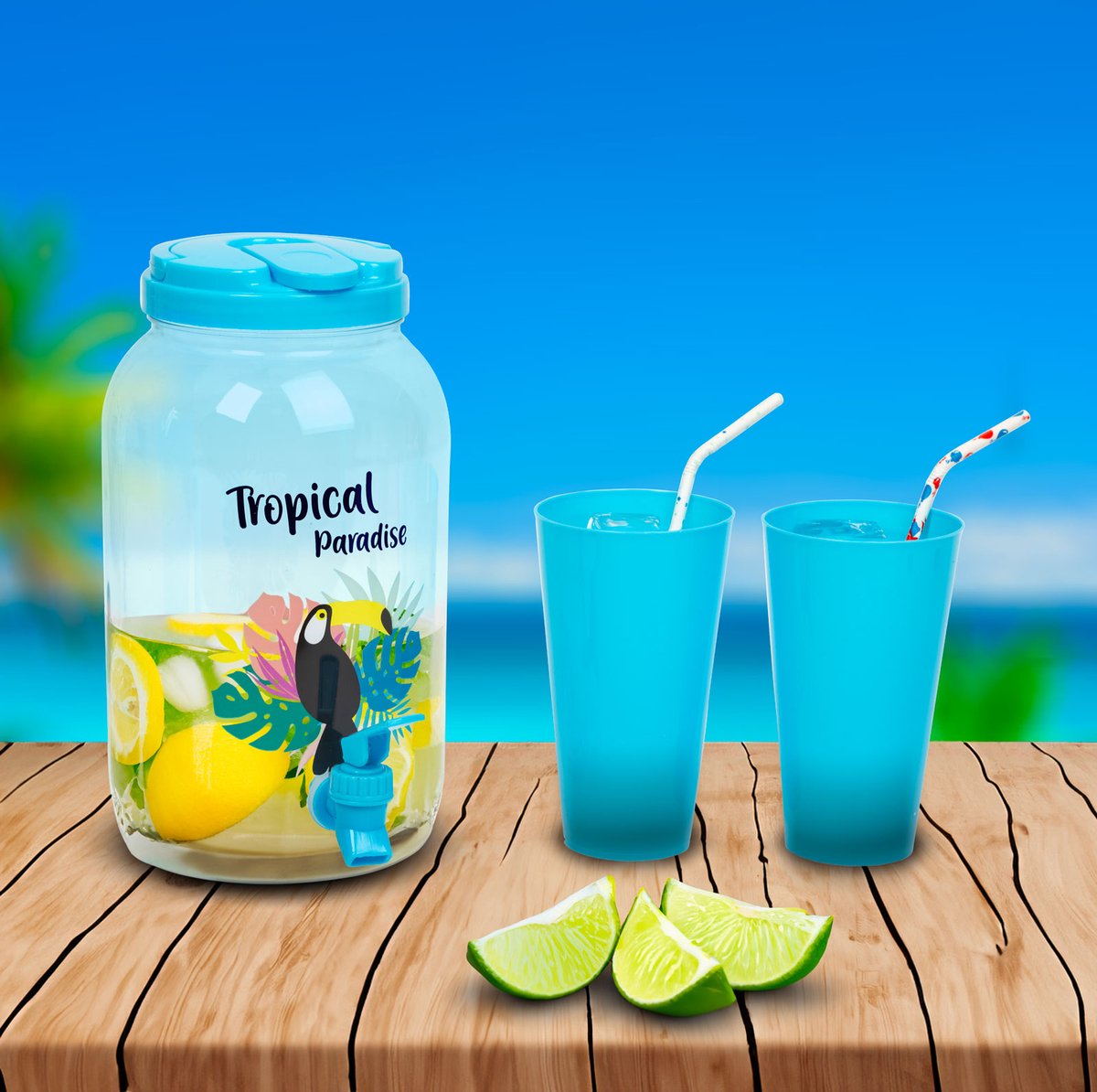 Limonadedispenser met Kraantje en 4 bekers - Drankdispenser 3,8 Liter - Kunststof - Waterdispenser - Dispenser - BLAUW - Tropicaldesign