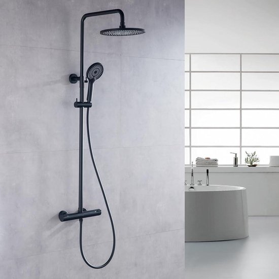Ensemble mitigeur thermostatique de douche à effet de pluie, douchette à main multifonctionnelle et douche de tête - noir mat
